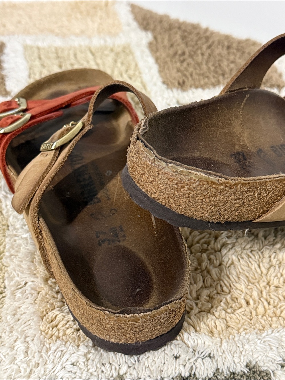 Birkenstock Two-Tone Red and Tan Cross-Strap Leather Slide Sandals - Picture 3 of 4